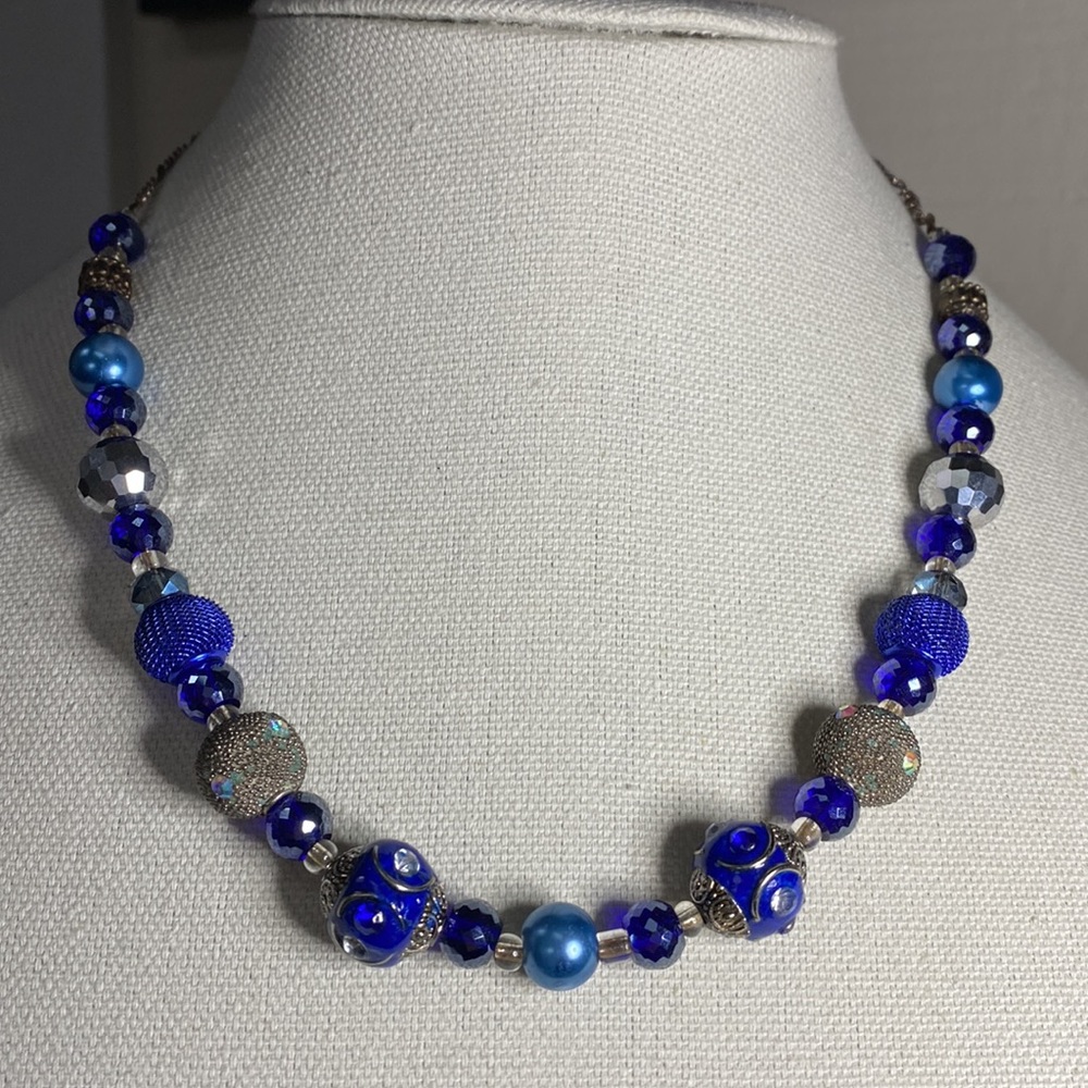 Pretty blue glass lampwork bead and rhinestone necklace